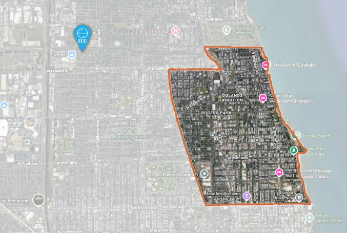 Map of Rogers Park showing proximity to Evanston Cleaning Company headquarters