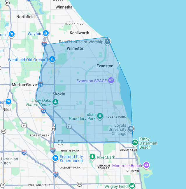 Evanston Cleaning Company service area map in the Greater Chicago Area
